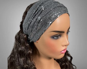 Wide Scrunch Headband Metallic Reflective Silver Half Bandeau Hair Accessory