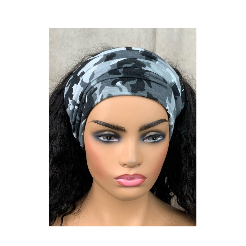 Lightweight Black and White Camouflage Wide Scrunch Headband image 1