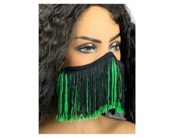 Black and Green 4 inch Fringe Face Mask
