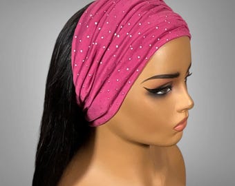 Wide Scrunch Headband for Women Pink with Silver Dots Hair Accessory