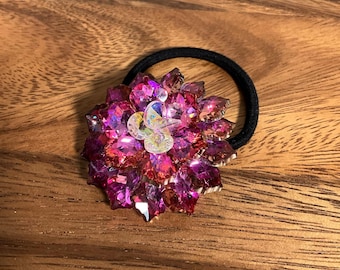 Pink Crystal Cluster Flower Ponytail Holder Hair Tie Accessory