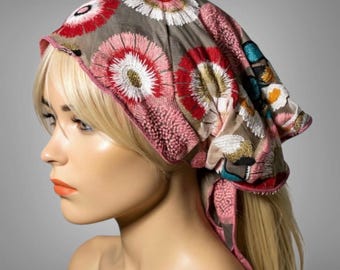 Embroidered Sheer Hair Bandana: Colorful Abstract Flower Design