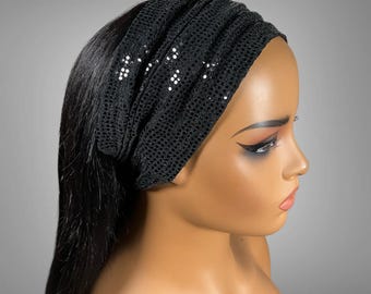 Metallic Black Half Bandeau Headband, Reflective Sparkle, Handmade Hair Accessory