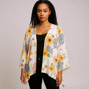 Yellow and white floral Kimono Poncho O/S