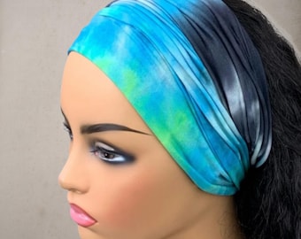 Wide Scrunch Headband, Blue and Gray Tie Dye Print Hair Accessory