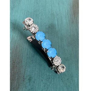 Light Blue Rhinestone Hair Barrette: Handmade Silver Clip, USA Made