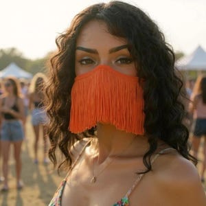 May include: A bright orange face mask featuring long, straight fringe detailing that covers the lower portion of the face. The mask is constructed from a solid, vibrant orange fabric with matching fringe strands hanging down from the nose bridge.