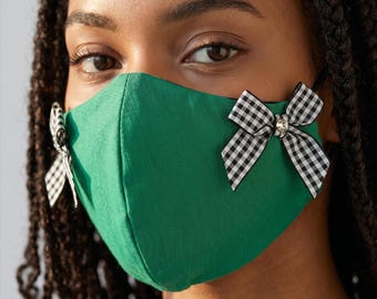 Green Face Mask: Plaid Bows, Rhinestone Accents - Handmade in USA