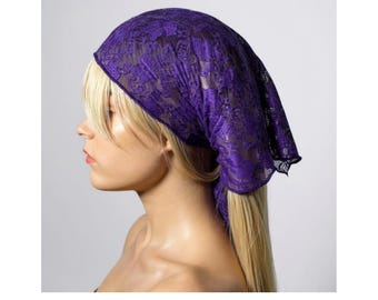 Purple Floral Lace Bandana Scarf: Sheer Stretch Headband, Handmade