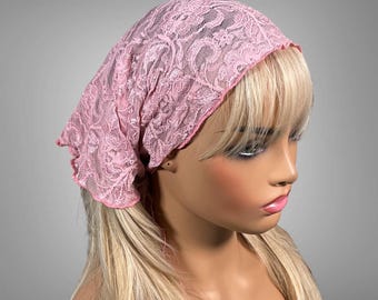 Dusty Rose Floral Lace Stretch Bandana - Sheer Triangle Scarf