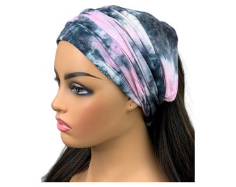 Pink and Gray Tie Dye Wide Scrunch Headband