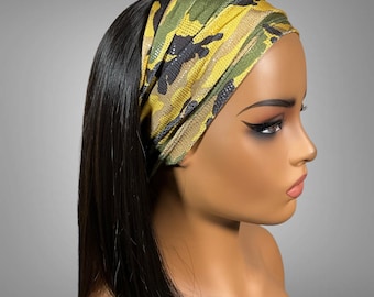 Wide Scrunch Headband Yellow Camouflage half Bandeau Hair Accessory