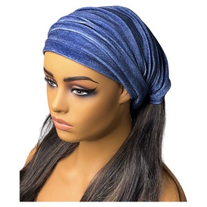 Blue Denim Print Velvet Wide Scrunch Headband image 2