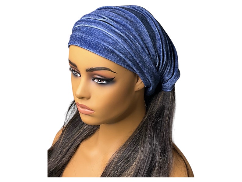 Blue Denim Print Velvet Wide Scrunch Headband image 2