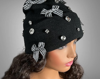 Slouchy Beanie for Women, Black with Gingham Plaid Bows and Rhinestones, Satin Lined Cap