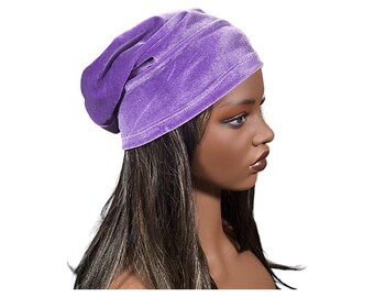 Handmade Soft Dark Purple Velvet Lined Slouchy Beanie Hat Handmade Dark Purple Velvet Lined Slouchy Beanie Hat - Etsy  main image 4