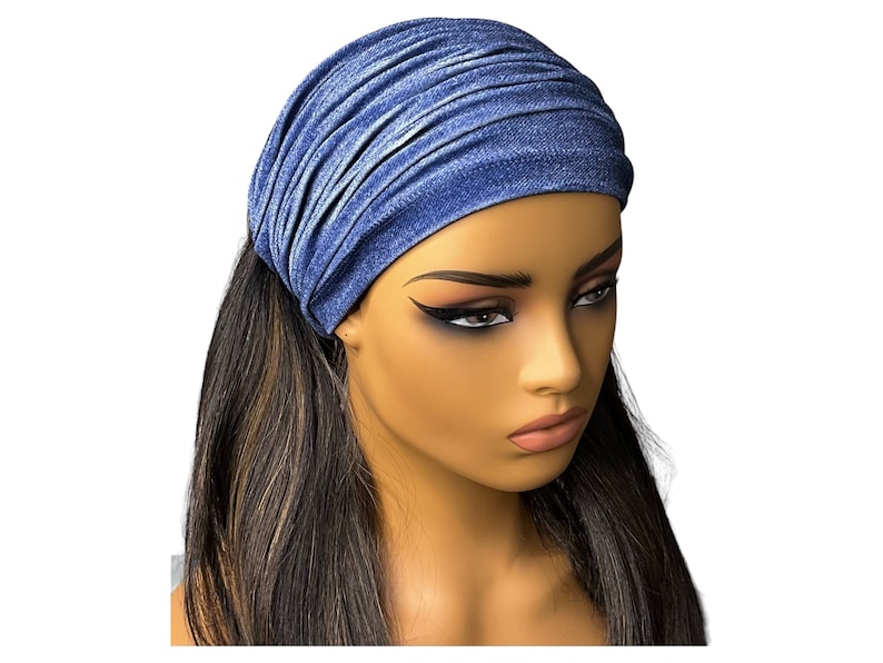 Blue Denim Print Velvet Wide Scrunch Headband image 1