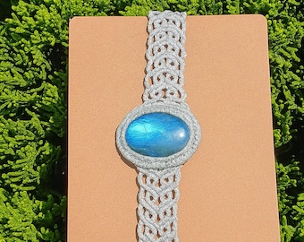 Labradorite Stone Macrame Cuff Bracelet Adjustable Blue Flash Boho Healing Jewelry Gift