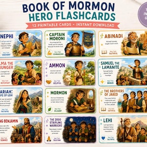 May include: A set of 12 Book of Mormon Hero Flashcards featuring illustrations of figures like Nephi, Captain Moroni, and Abinadi. Each card includes a name, a short description, and a hero trait. The text includes Book of Mormon Hero Flashcards, 12 Printable Cards, Instant Download, and Teach Inspire Grow.