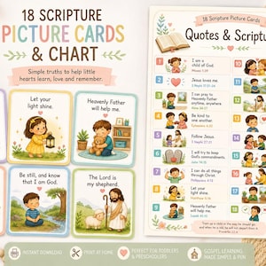 May include: A set of 18 scripture picture cards and a corresponding chart featuring colorful illustrations of children and religious figures. The cards display phrases like I can do all things through Christ and Let your light shine, while the chart lists 18 numbered quotes and scriptures with matching icons.