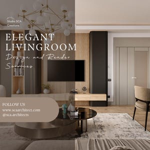 May include: A modern living room interior design with a large flat screen TV mounted on a wall with wood paneling. The room features a coffee table with a glass top, a beige rug, and a beige chair. The text "ELEGANT LIVING ROOM Design and Render Services" is displayed on the wall.