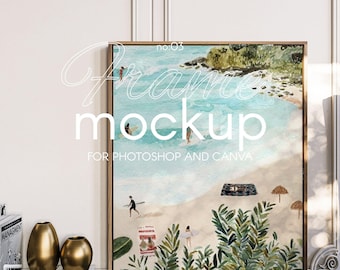 May include: A framed illustration of a beach scene with people surfing and relaxing on the sand. The frame is made of wood and has a light brown finish. The illustration is painted in a watercolor style and features a blue sky, turquoise water, and green palm trees.