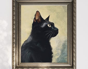Portrait antique de chat noir, art mural de style vintage (téléchargement numérique)