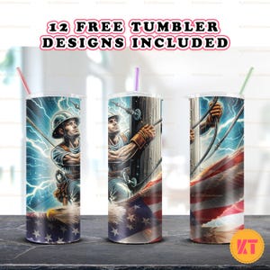 Lineman American Flag Skinny 20 oz Tumbler Sublimation Design PNG - Electrician Tumbler Straight and Tapered PNG - Lineman UsA Flag PNG