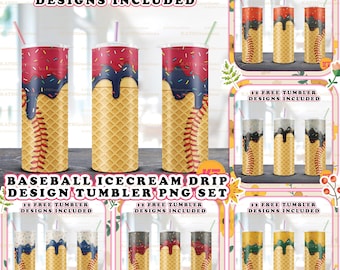 Baseball Ice Cream Drip Skinny 20oz Tumbler Sublimation Design PNG - Baseball Drip Tumbler Straight and Tapered PNG- Baseball Bundle Tumbler