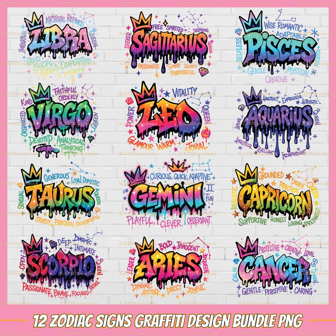 Zodiac Horoscopes Sublimation Design PNG - Zodiac Signs Graffiti Design ...