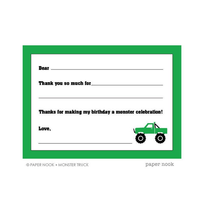 Monster Truck PRINTABLE Fill-in-the-Blank Thank You Note image 3