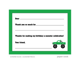 Monster Truck PRINTABLE Fill-in-the-Blank Thank You Note