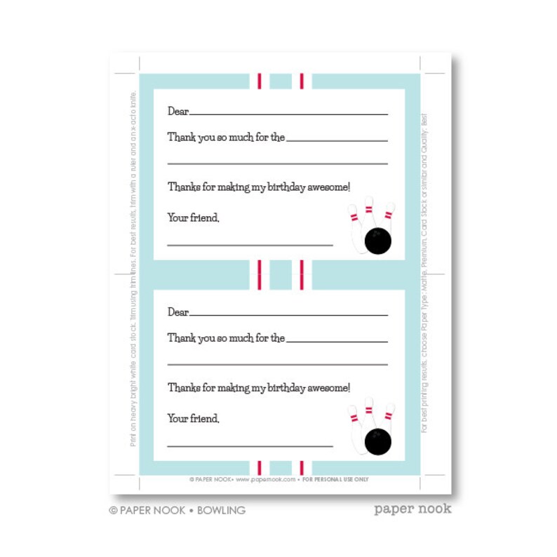 Bowling PRINTABLE Fill-in-the-Blank Thank You Note image 3