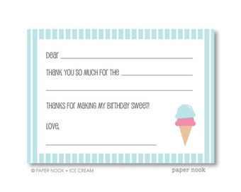Ice Cream Party PRINTABLE Fill-in-the-Blank Thank You Note