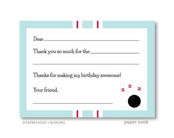 Bowling PRINTABLE Fill-in-the-Blank Thank You Note