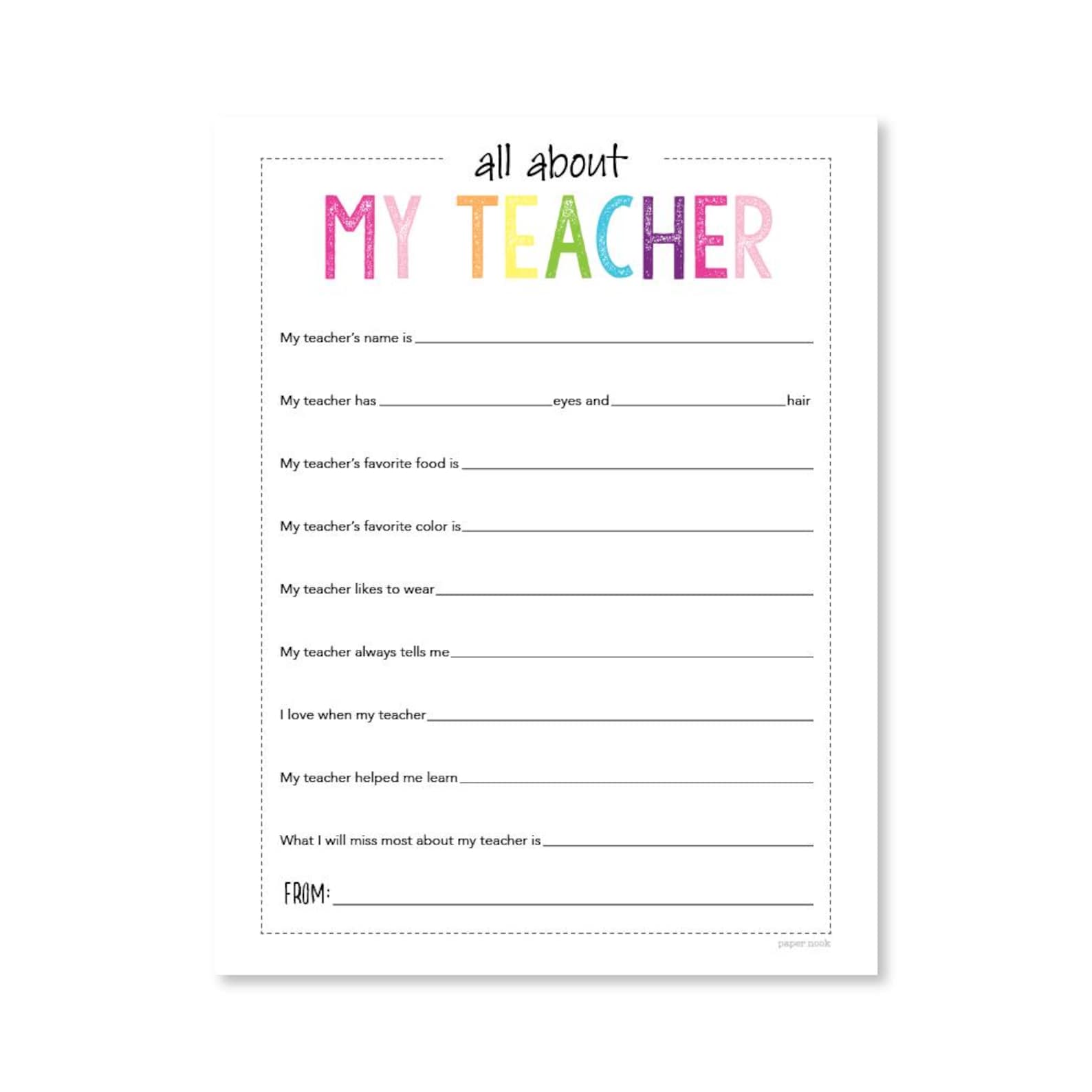 Teacher Appreciation: All About My Teacher Printable Fill in the Blank ...