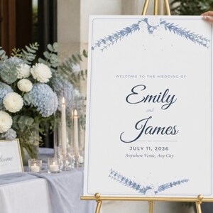 Bruidsreceptiepakket in stoffig blauw, inclusief welkomstbord, plattegrond, menu, programma, volgorde van de evenementen, naamkaartjes, tafelnummers en Canva-formaat.