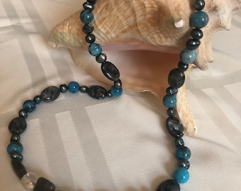 Black Labradorite, Apatite, and Fresh Water Pearl Beaded Necklace
