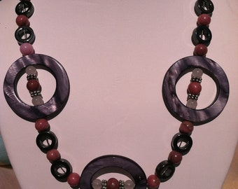 Rose Pink Rhodonite, Polished Shell, and Hematite Necklace