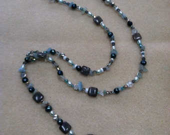 Ocean blue  Lariat Necklace of Labradorite, Fresh water Pearls, Aquamarine chips