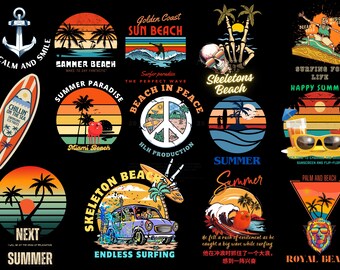 Retro Summer Beach Scene PNG: Brushstroke Sublimation Design (Digital Download)