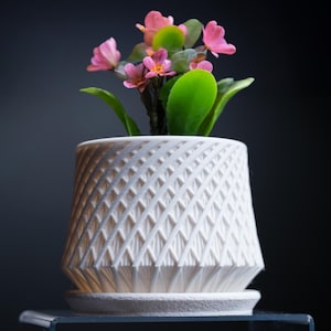 Kairo modern lattice planter, sculptural indoor pot with drip tray, decorative plant container for shelf, desk, or windowsill display