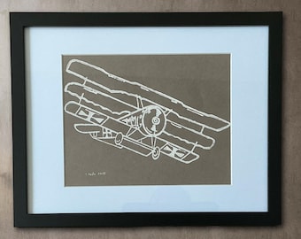 Líneas de vuelo - El Barón Rojo, triplano de la Primera Guerra Mundial, grabado en linóleo, impreso a mano en papel Awagami, edición limitada, arte de aviación