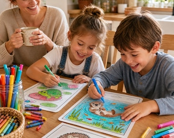 Pode incluir: Três páginas para colorir com uma tartaruga numa vitória-régia, uma lontra a nadar na água e um ouriço com uma maçã, coloridas com marcadores e lápis de cera. Um frasco de vidro contém marcadores e um cesto contém vários lápis de cera.