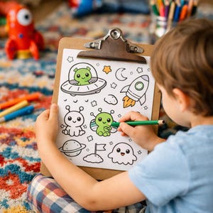 Puede incluir: Un ni&ntilde;o colorea un dibujo lineal en blanco y negro de ilustraciones con tem&aacute;tica espacial en una tabla con pinza. Los dibujos incluyen extraterrestres, una nave espacial, un planeta, estrellas y una luna. El ni&ntilde;o usa un l&aacute;piz de color verde.