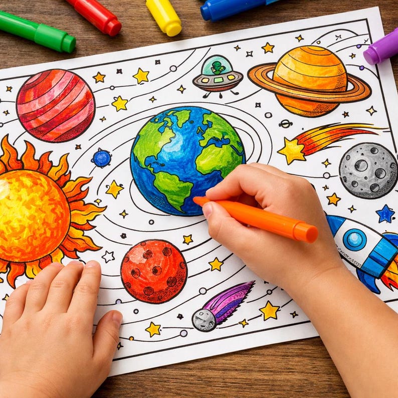 Dibujos para colorear del espacio para niños: astronautas, planetas, cohetes (descarga digital). imagen 1