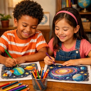 Dibujos para colorear del espacio para niños: astronautas, planetas, cohetes (descarga digital). imagen 5