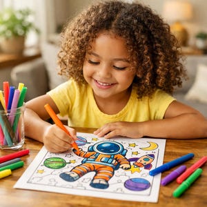 Puede incluir: Una ni&ntilde;a con el pelo rizado colorea un dibujo de un astronauta con un rotulador naranja. El dibujo muestra un astronauta, planetas, estrellas y un cohete. Rotuladores de colores est&aacute;n sobre la mesa de madera.
