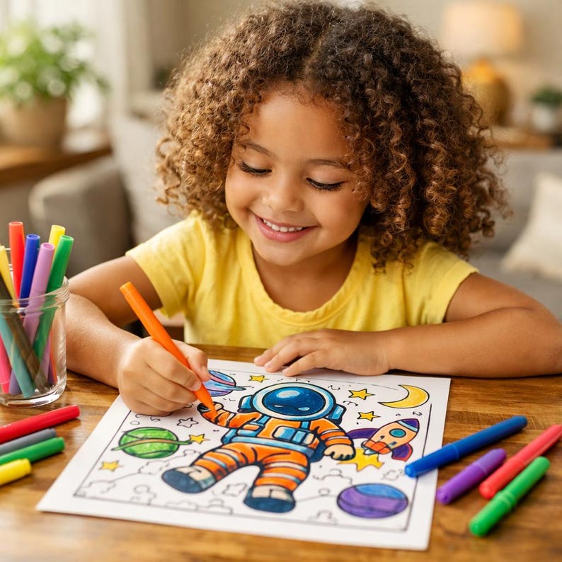 Puede incluir: Una ni&ntilde;a con el pelo rizado colorea un dibujo de un astronauta con un rotulador naranja. El dibujo muestra un astronauta, planetas, estrellas y un cohete. Rotuladores de colores est&aacute;n sobre la mesa de madera.