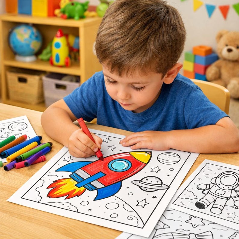 Dibujos para colorear del espacio para niños: astronautas, planetas, cohetes (descarga digital). imagen 2